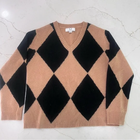 🖤 Magaschoni Cashmere Argyle Sweater V-Neck | Classic Luxury Knit | Size L - Picture 2 of 5